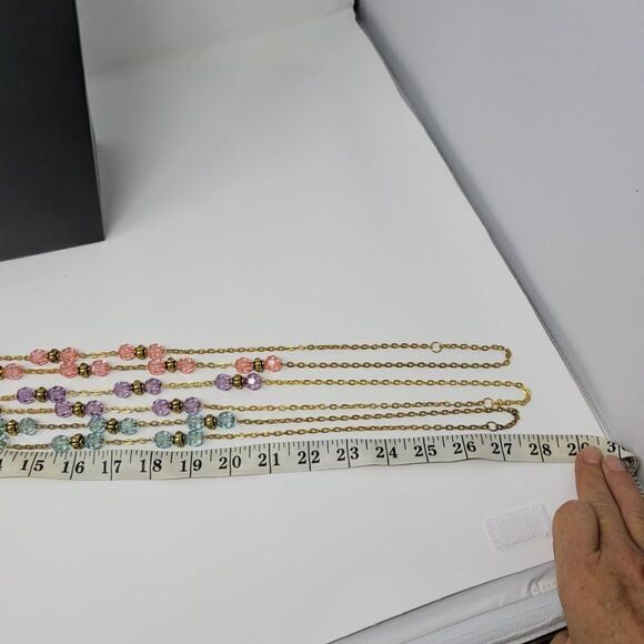 Necklace Opera 28" Gold Tone Chain Pastel Beaded Pink Blue Purple 3pc Set - Picture 11 of 13